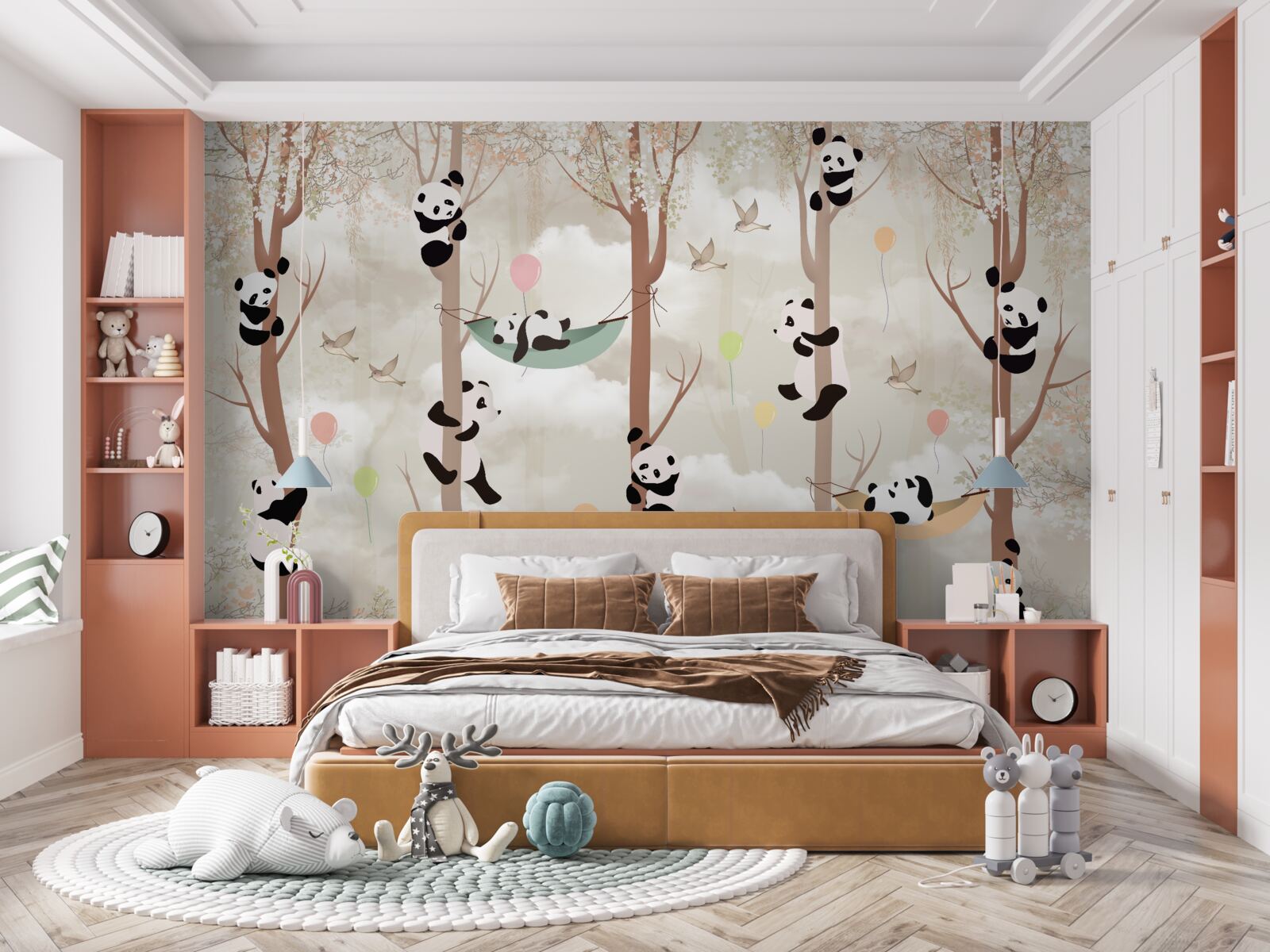 Carta da parati molti panda vivono sugli alberi