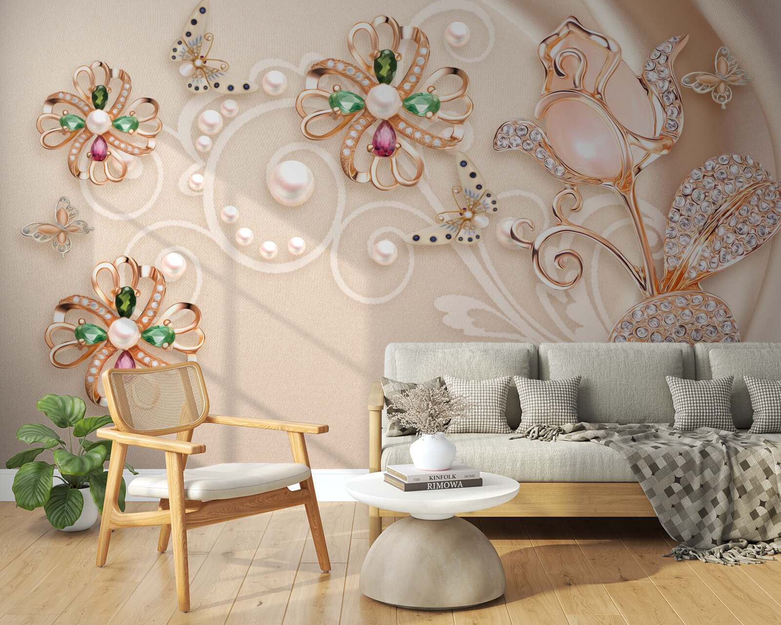 Carta da parati pietre preziose a forma di fiori e foglie