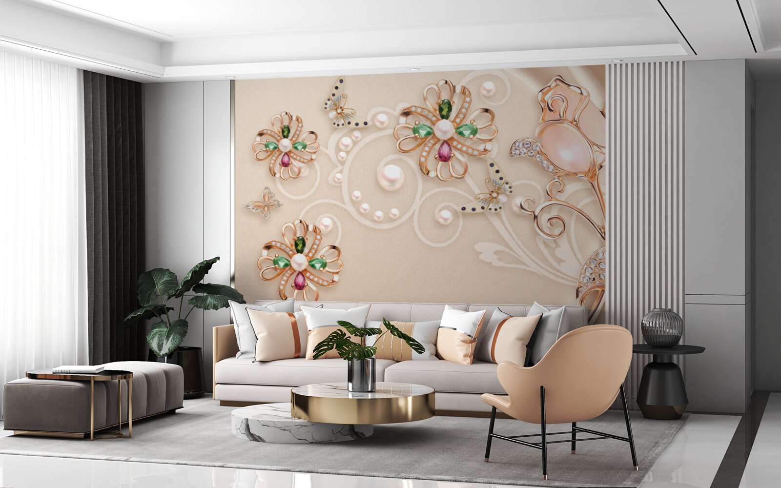 Carta da parati pietre preziose a forma di fiori e foglie