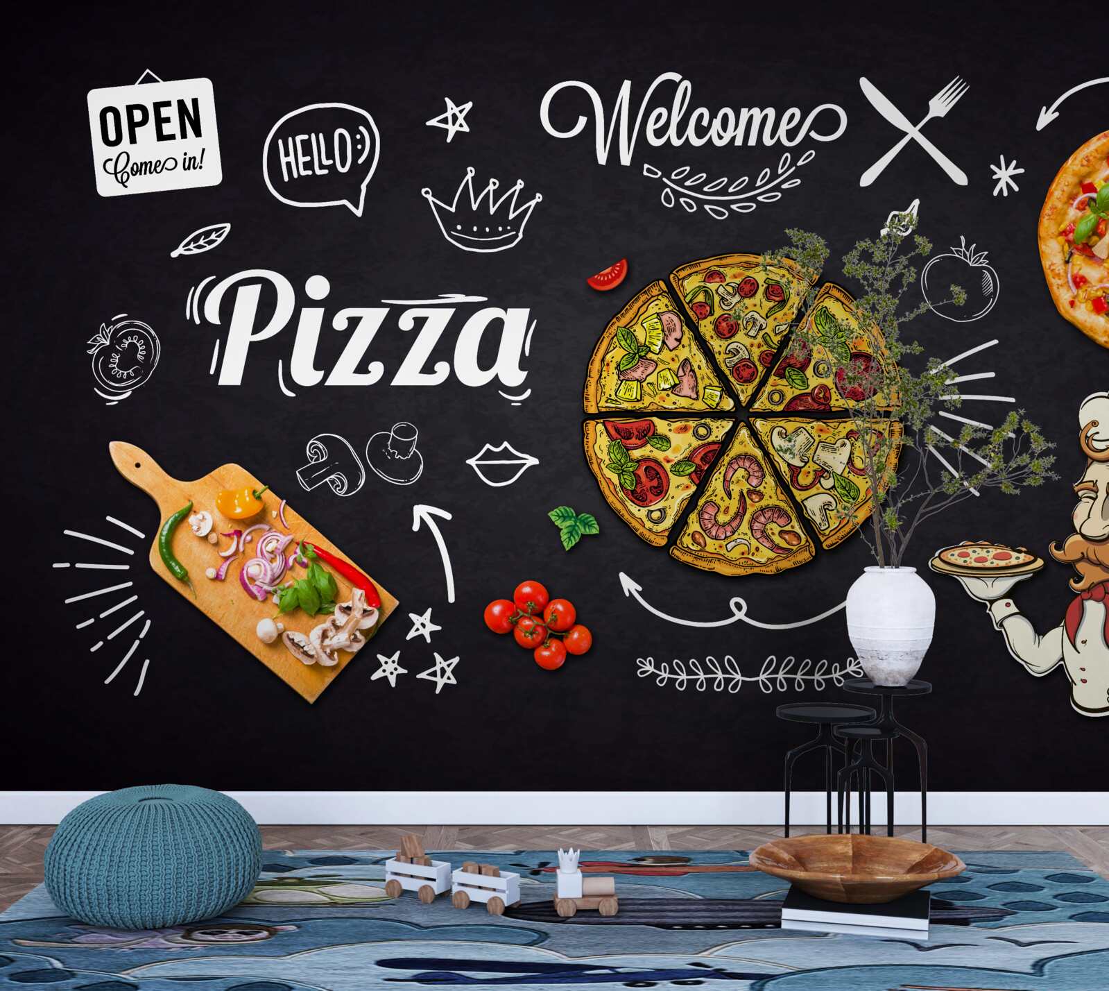 Carta da parati cucinare con la pizza