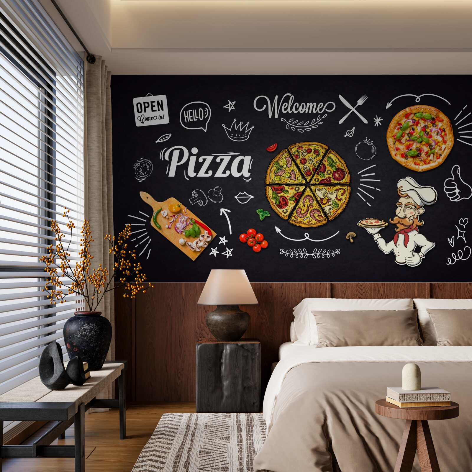 Carta da parati cucinare con la pizza
