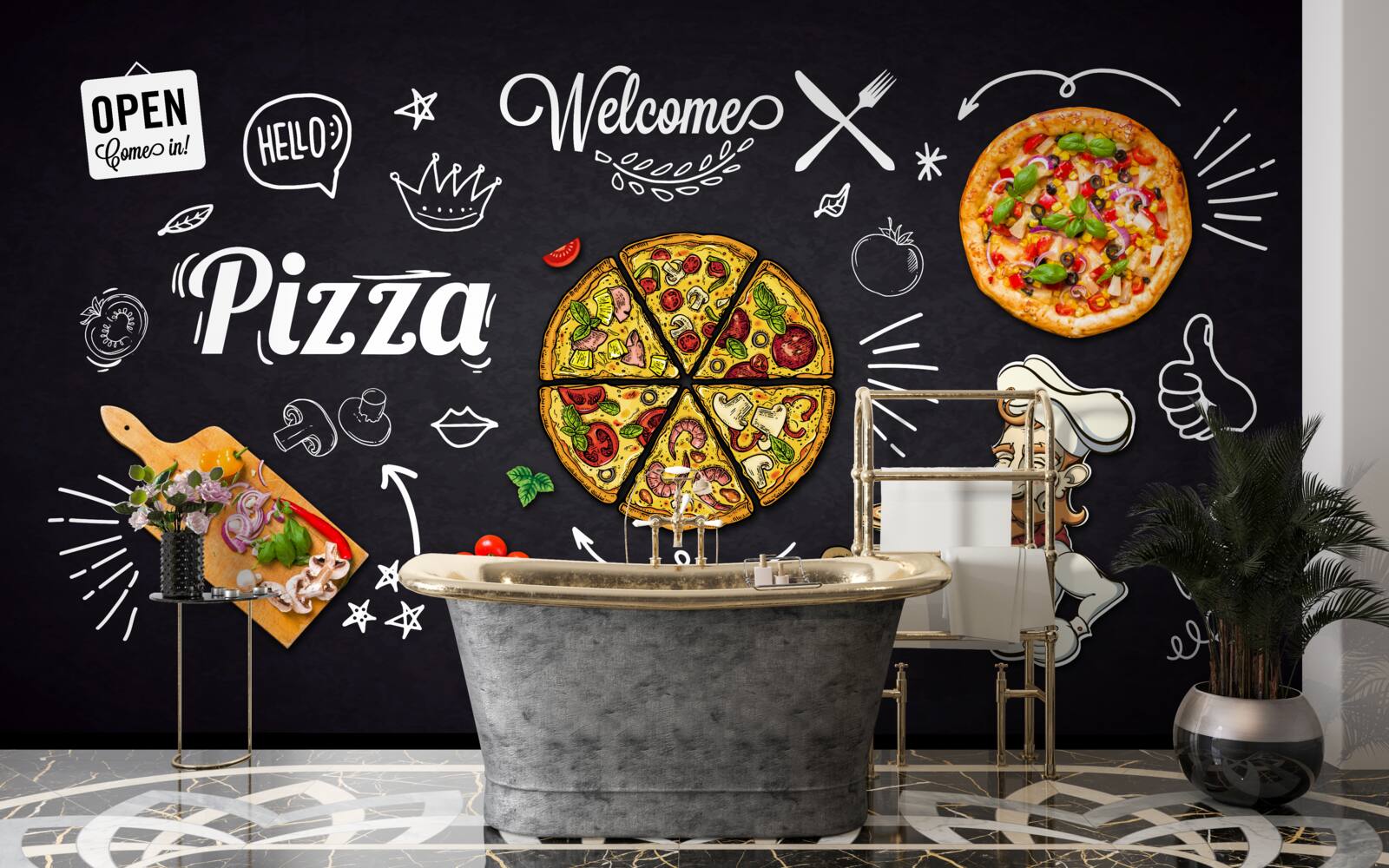 Carta da parati cucinare con la pizza
