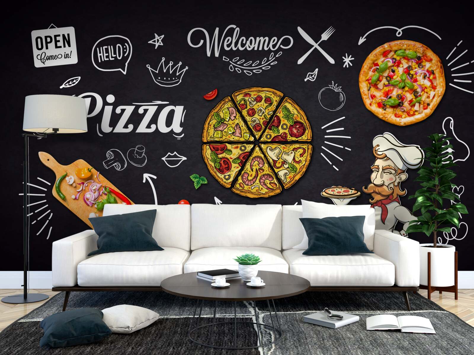 Carta da parati cucinare con la pizza