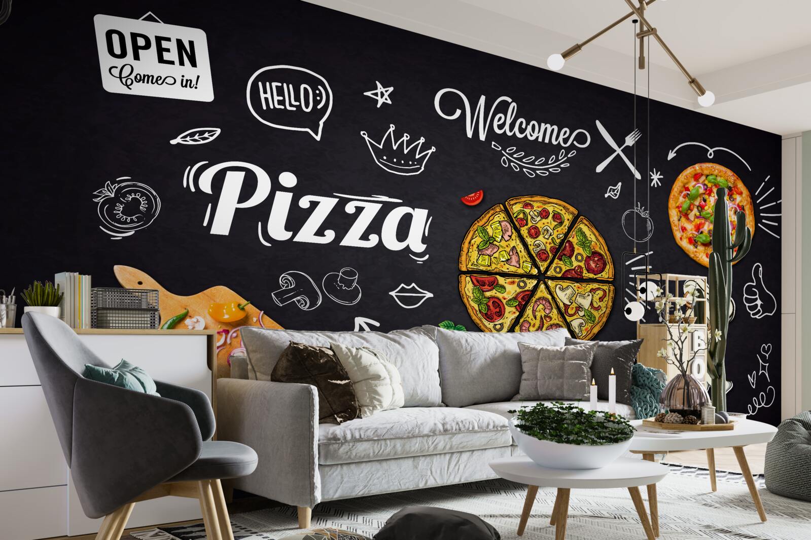 Carta da parati cucinare con la pizza
