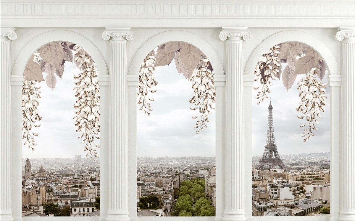 Carta da parati archi floreali con vista mozzafiato su Parigi