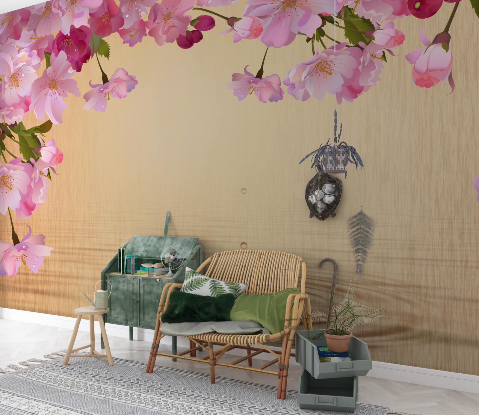 Carta da parati acqua sotto i fiori rosa