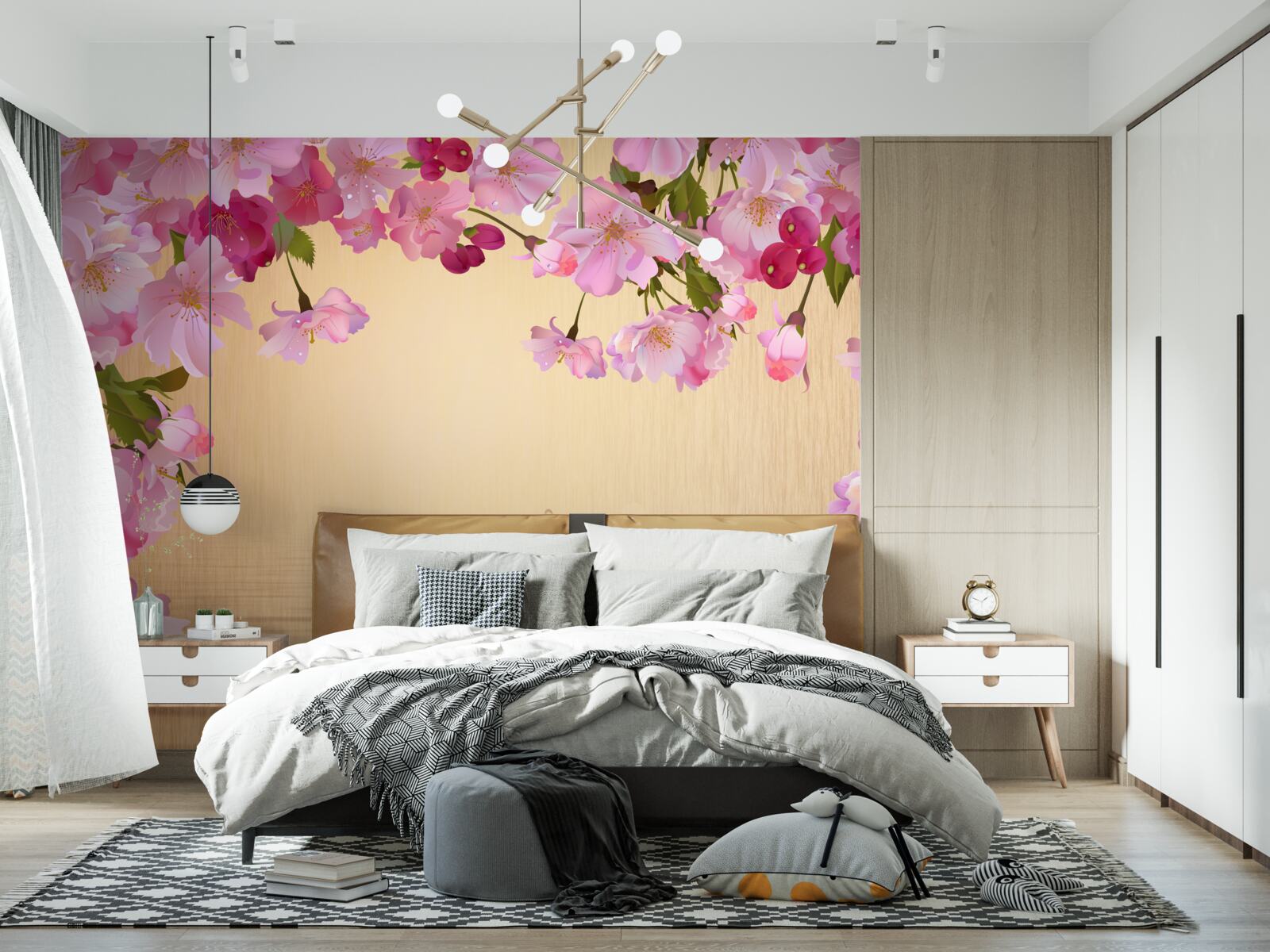 Carta da parati acqua sotto i fiori rosa