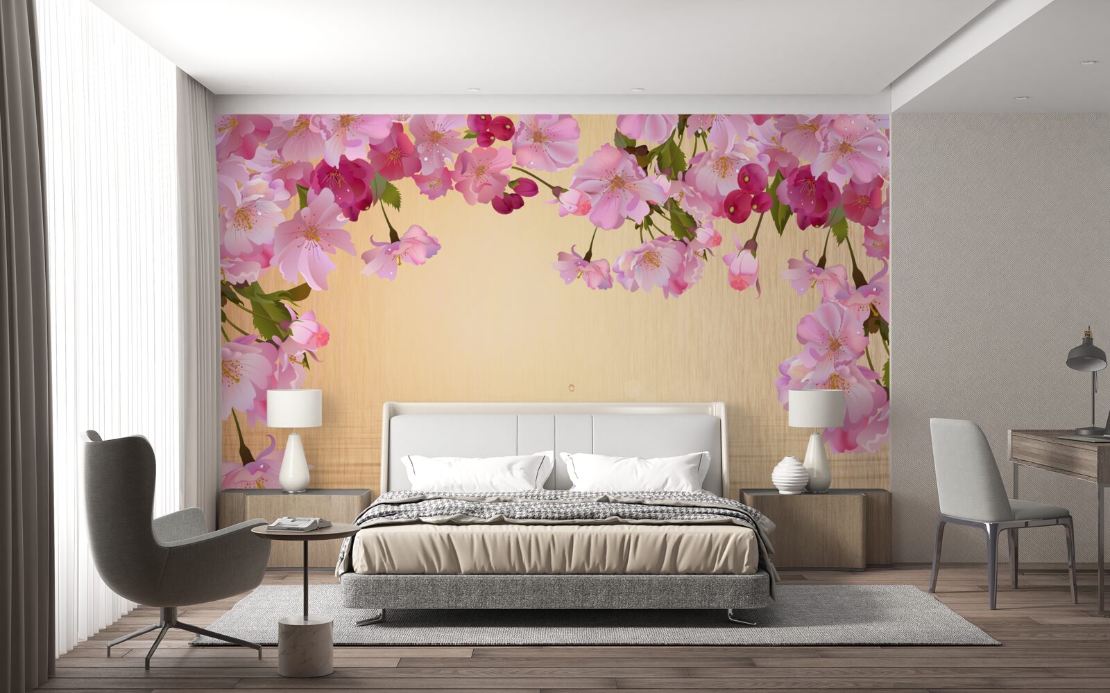 Carta da parati acqua sotto i fiori rosa