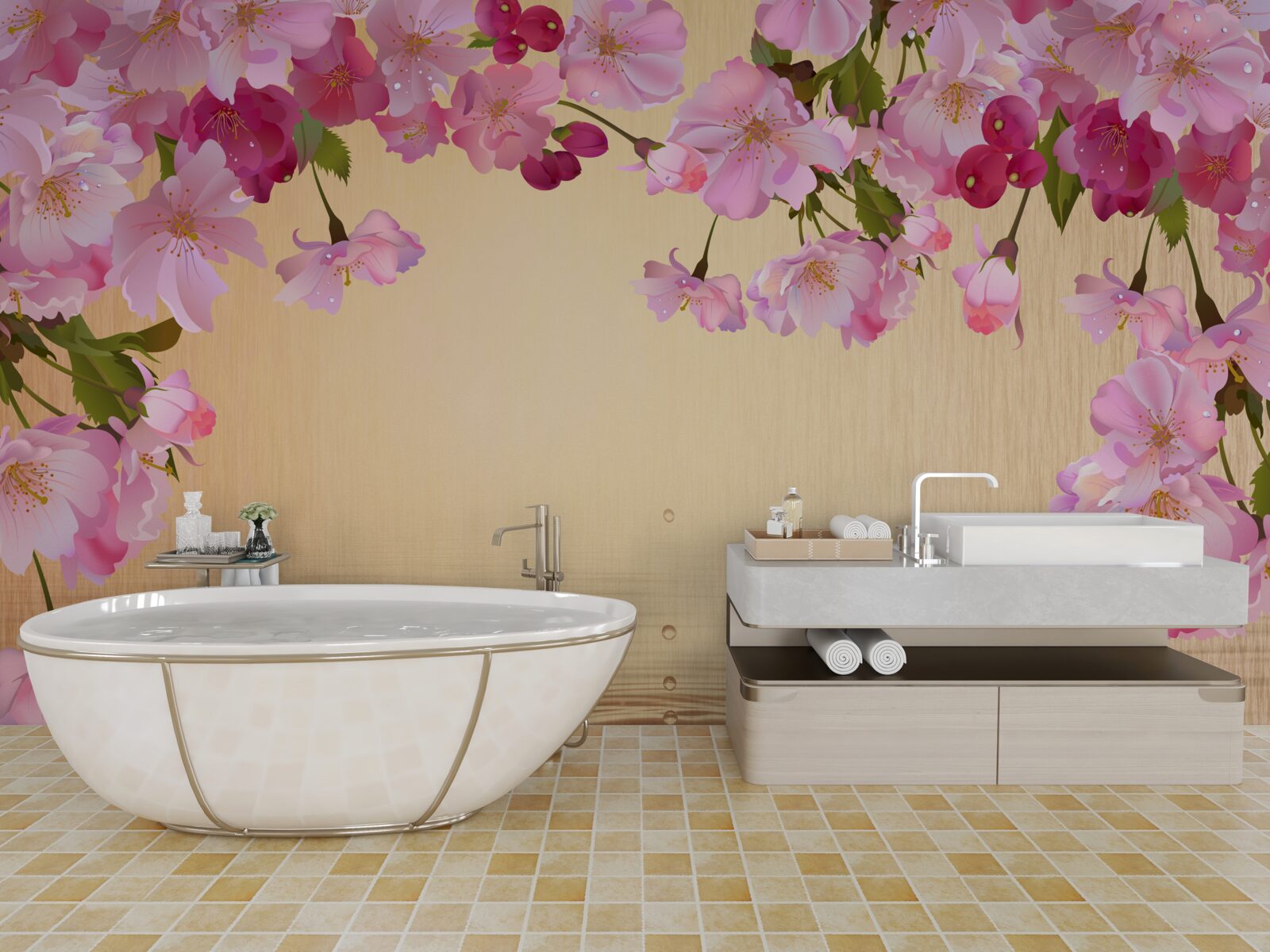 Carta da parati acqua sotto i fiori rosa