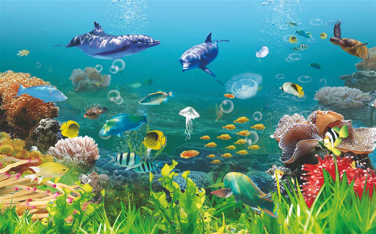 Carta da parati abitanti del mare su un fondo verdastro