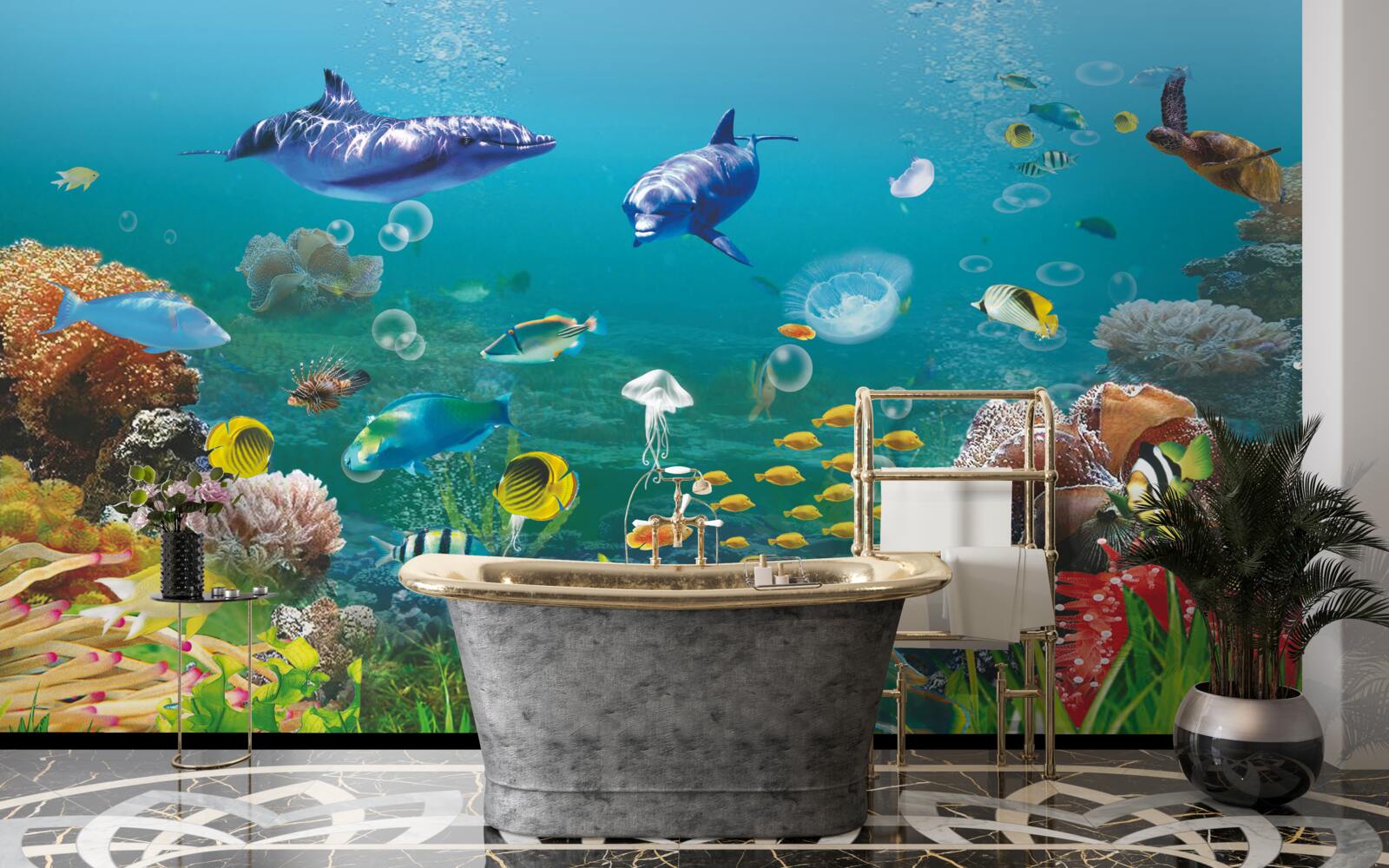Carta da parati abitanti del mare su un fondo verdastro