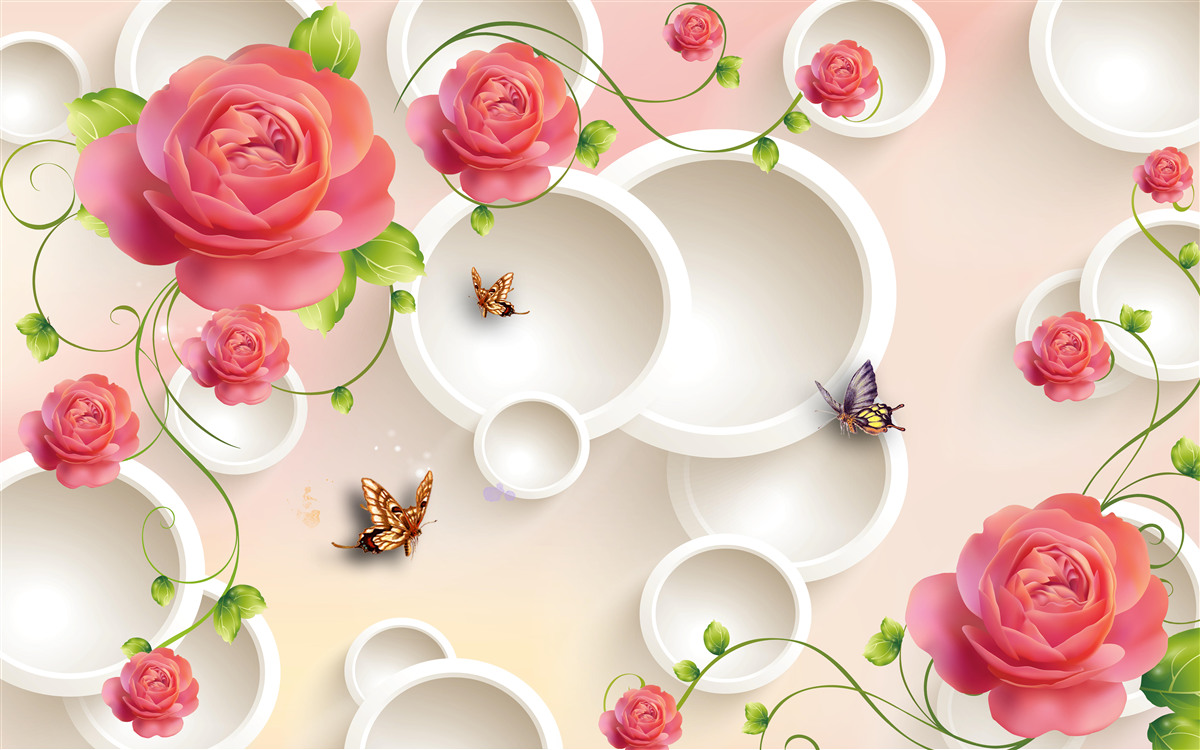 Carta da parati fiori di rosa scarlatta e cerchi bianchi