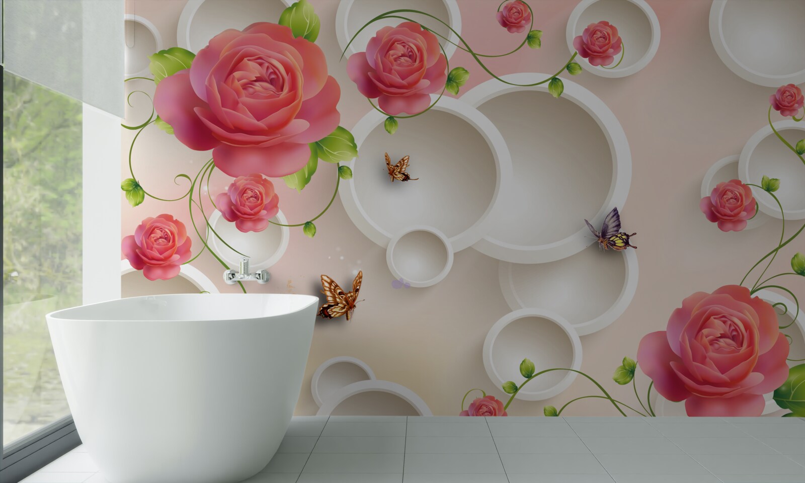 Carta da parati fiori di rosa scarlatta e cerchi bianchi