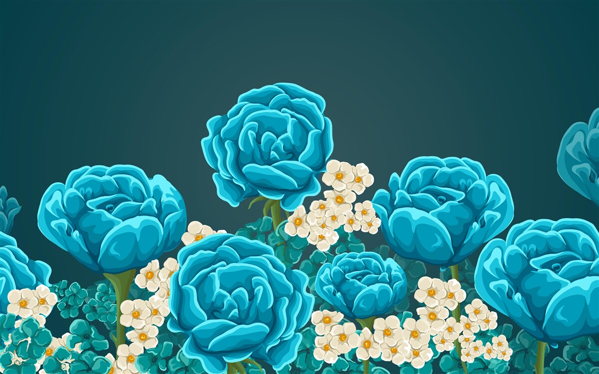 Carta da parati le margherite sono candide e in miniatura e le rose sono azzurre