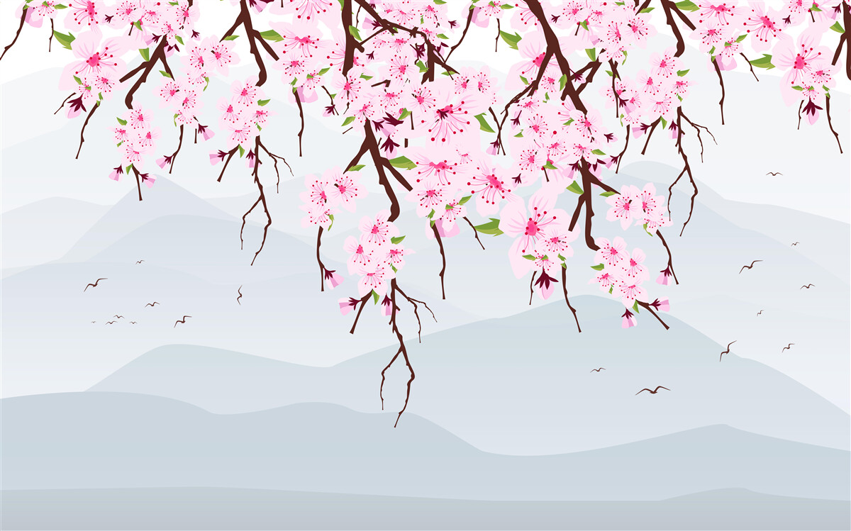 Carta da parati sakura in fiore davanti a un paesaggio di montagne e acqua