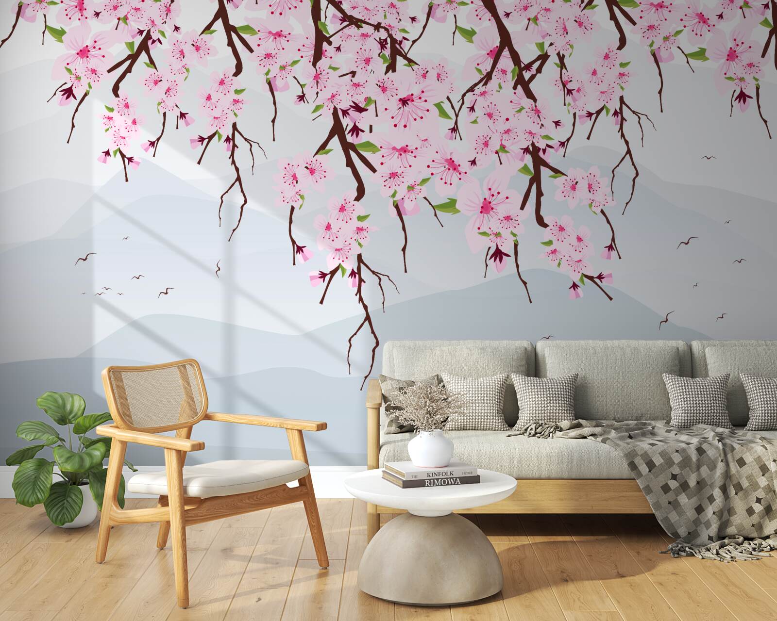 Carta da parati sakura in fiore davanti a un paesaggio di montagne e acqua