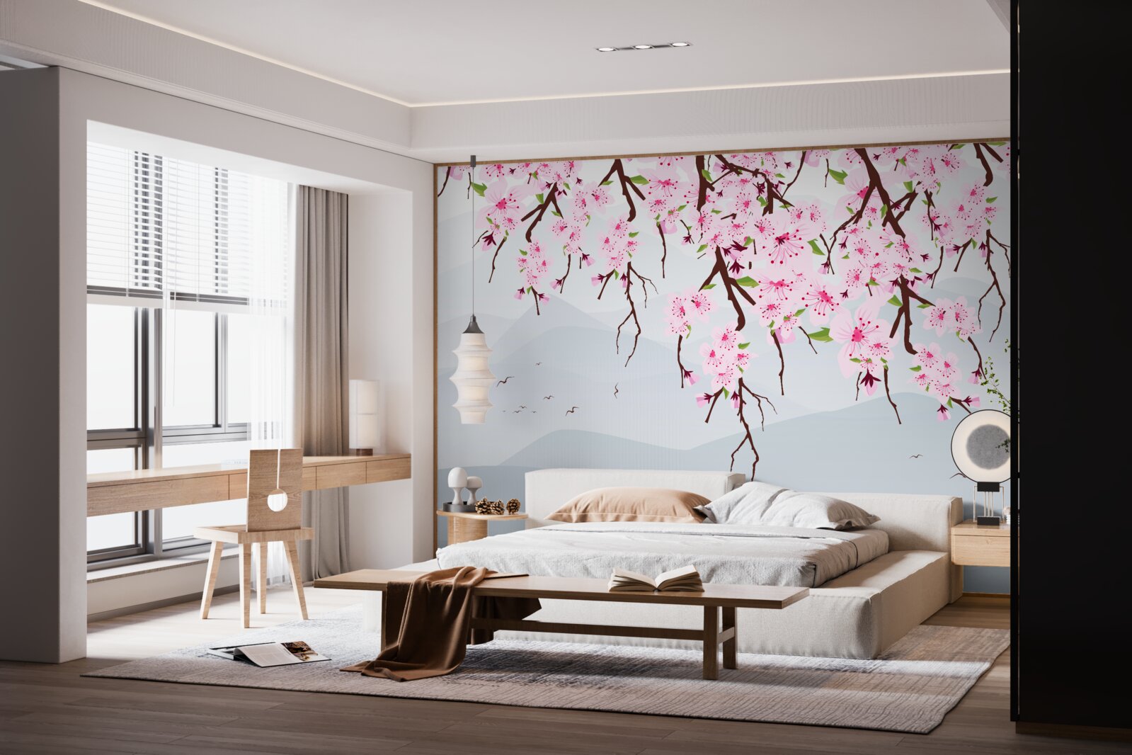 Carta da parati sakura in fiore davanti a un paesaggio di montagne e acqua