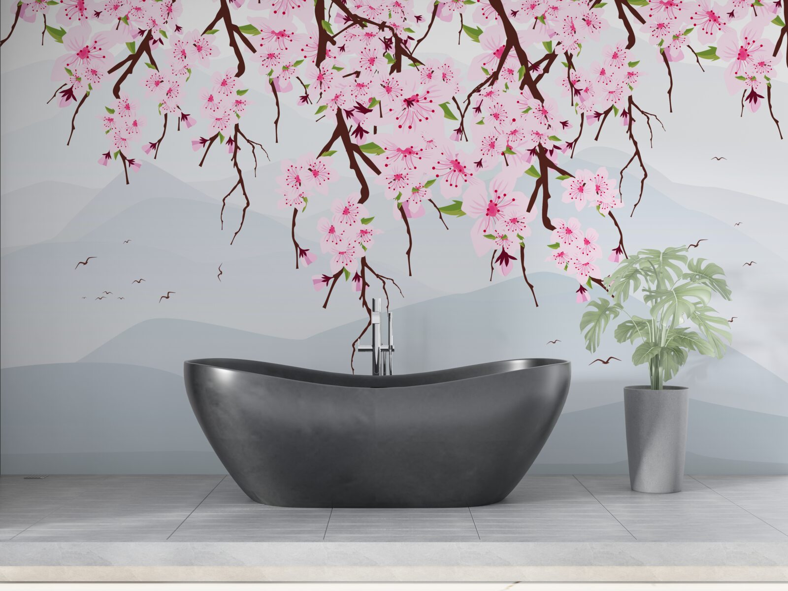 Carta da parati sakura in fiore davanti a un paesaggio di montagne e acqua