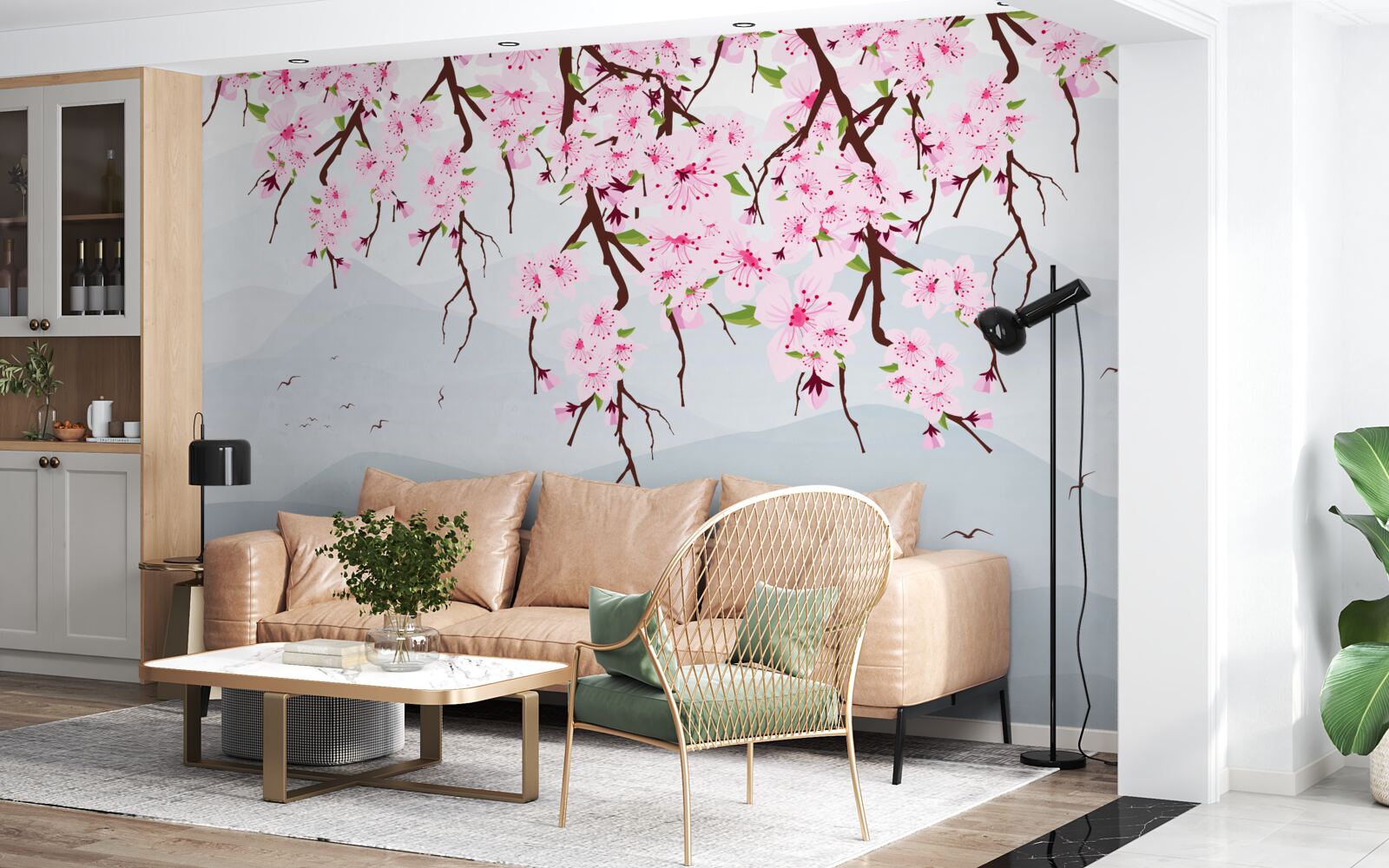 Carta da parati sakura in fiore davanti a un paesaggio di montagne e acqua