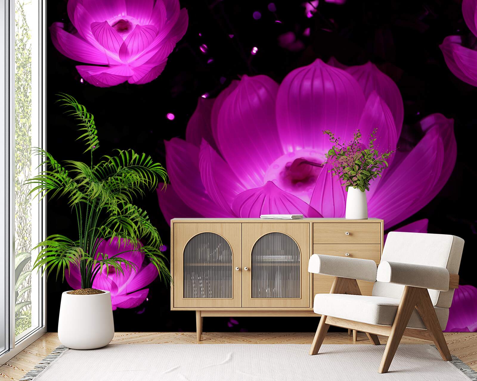 Carta da parati fiori viola con luce al neon