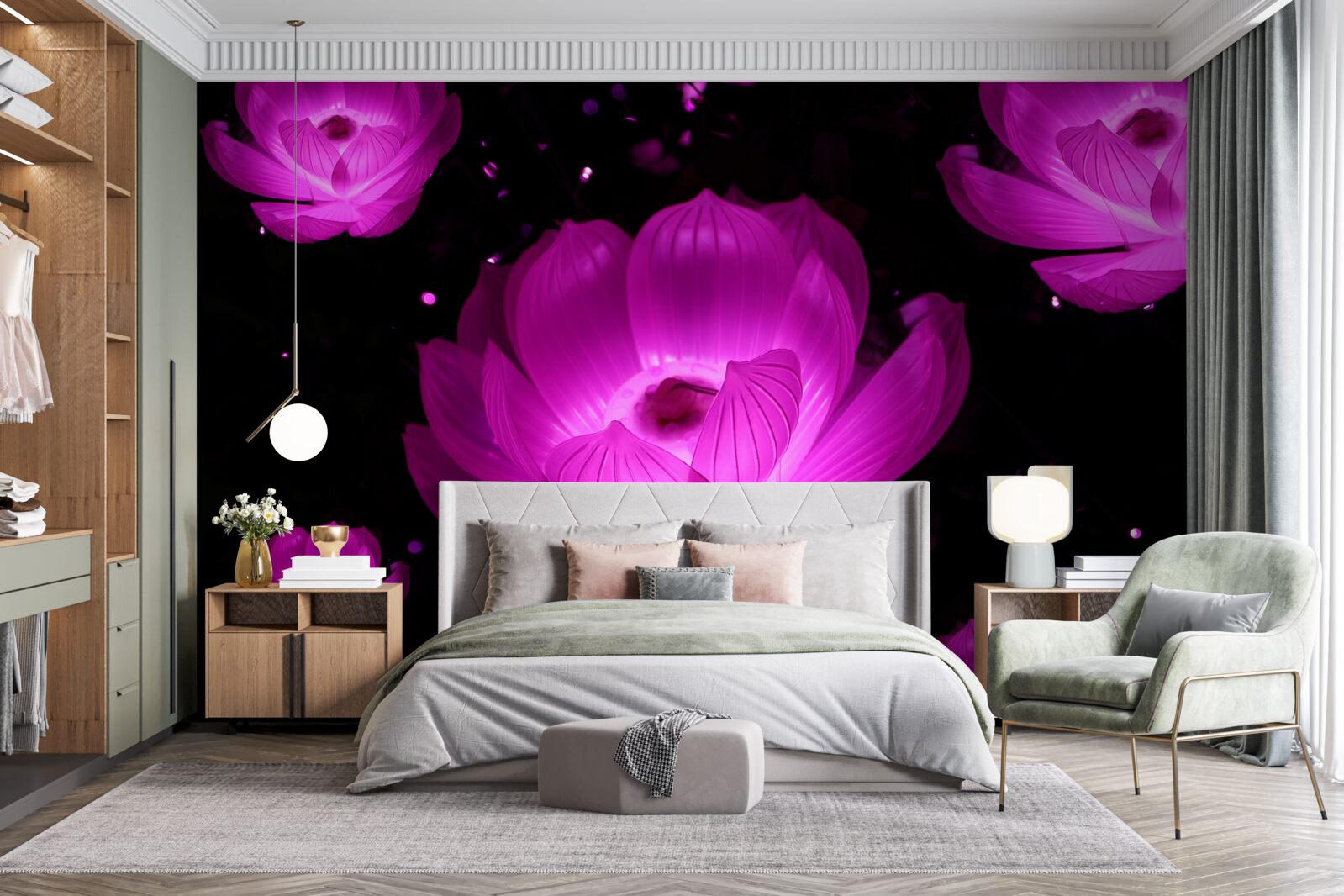 Carta da parati fiori viola con luce al neon