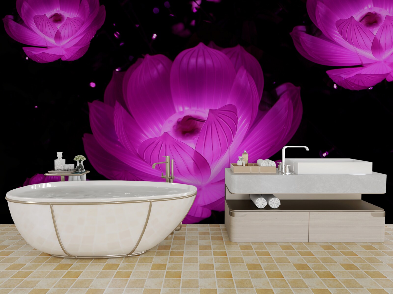 Carta da parati fiori viola con luce al neon