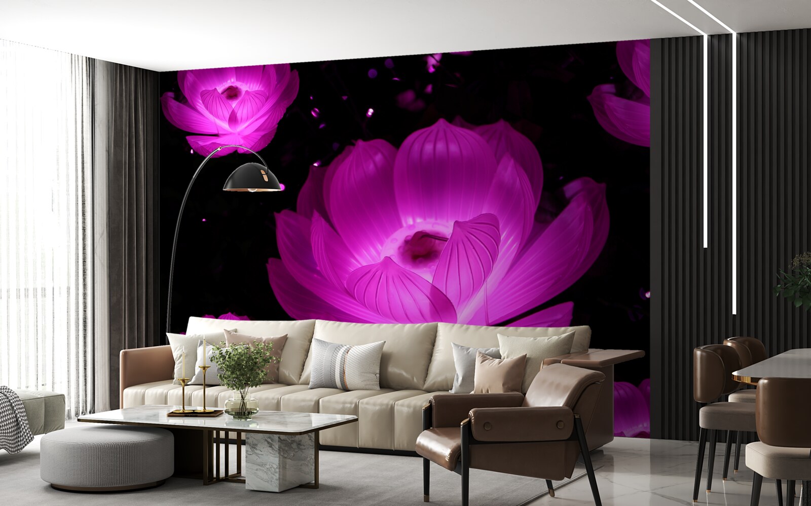 Carta da parati fiori viola con luce al neon