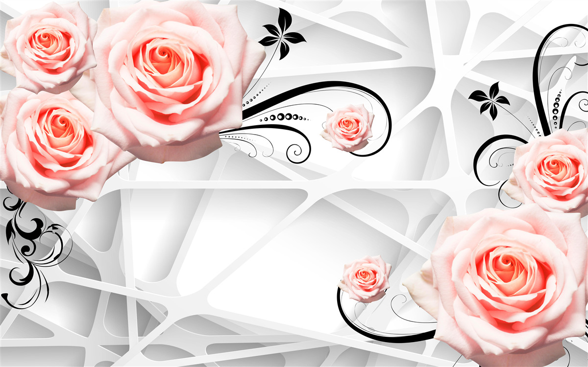 Carta da parati sfondo geometrico decorato con rami di rose color pesca