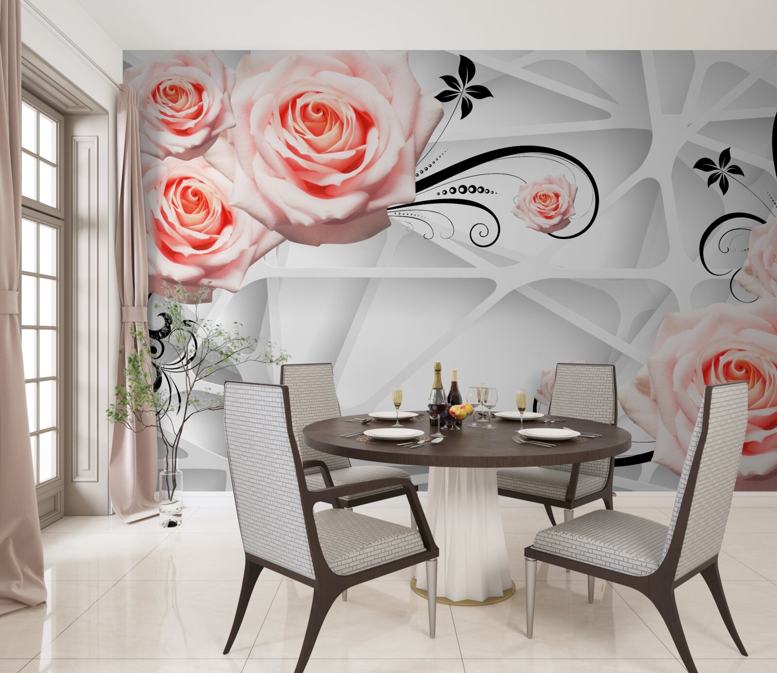 Carta da parati sfondo geometrico decorato con rami di rose color pesca