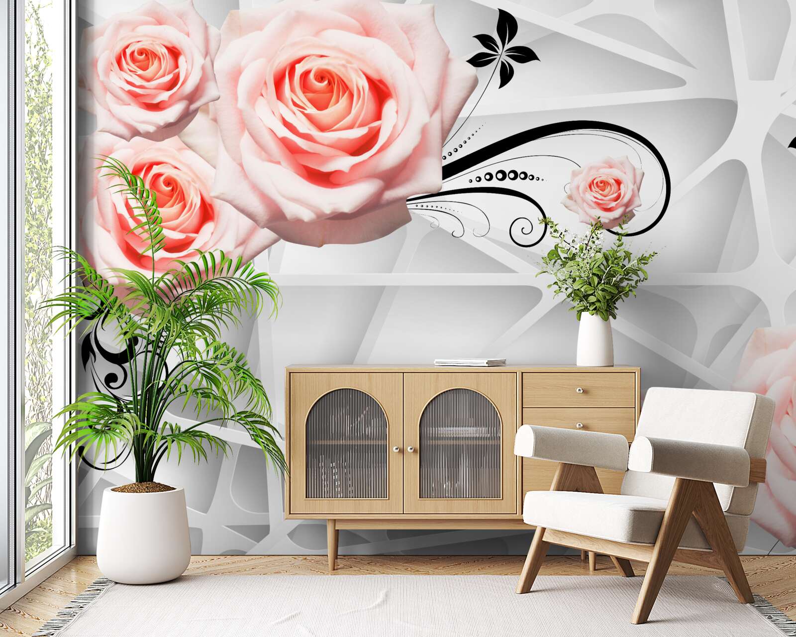 Carta da parati sfondo geometrico decorato con rami di rose color pesca