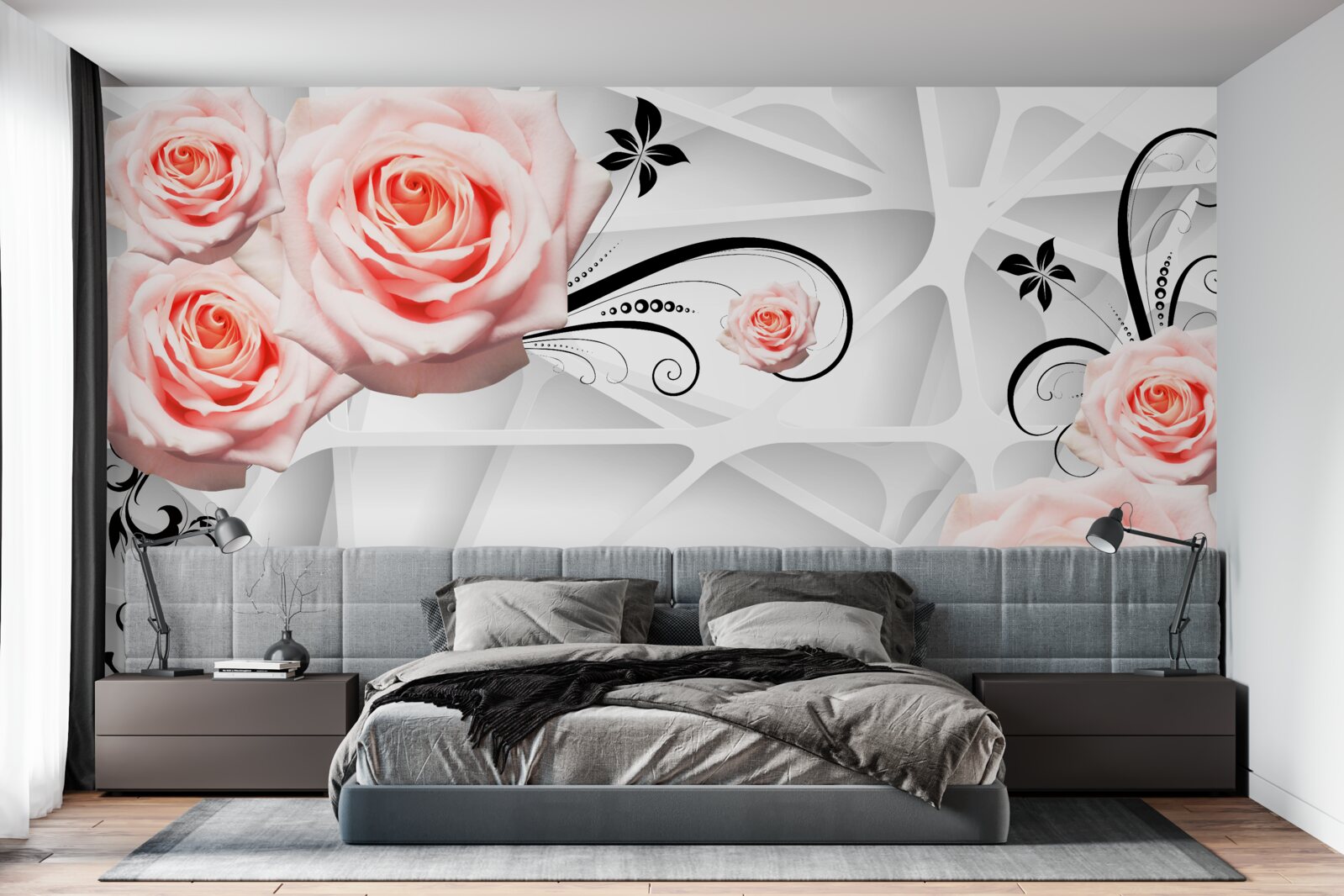 Carta da parati sfondo geometrico decorato con rami di rose color pesca