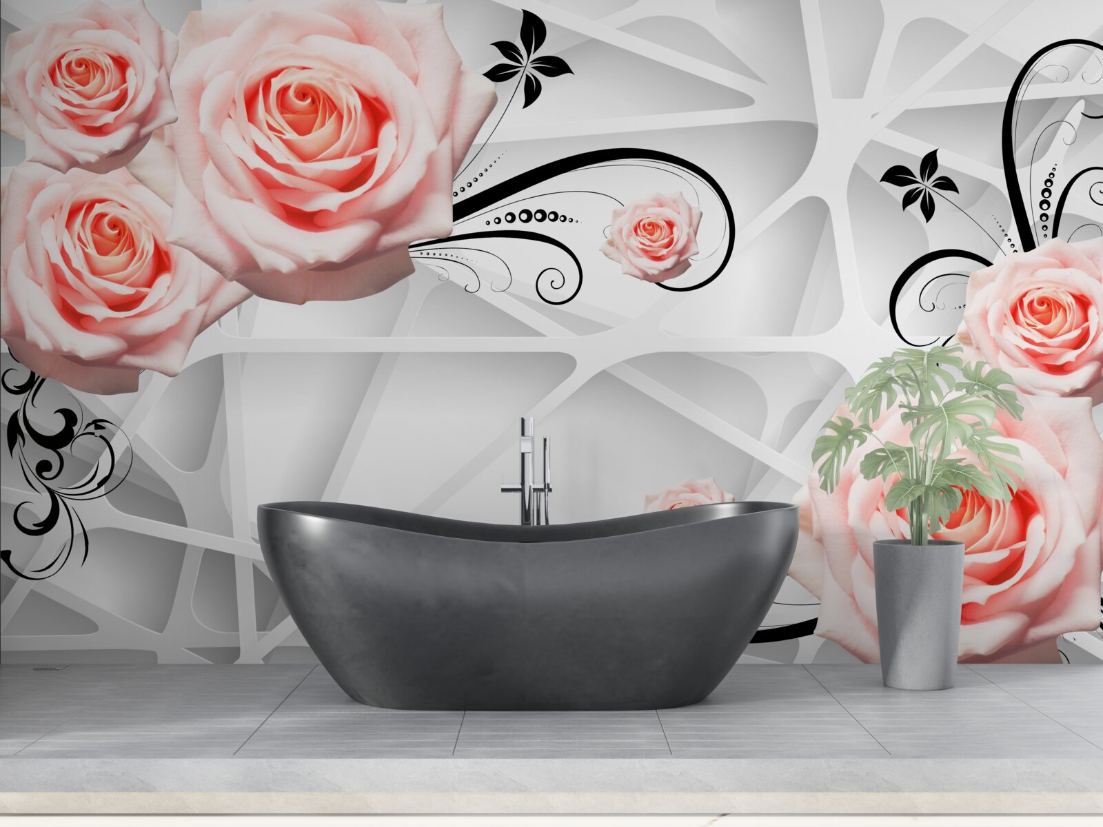 Carta da parati sfondo geometrico decorato con rami di rose color pesca