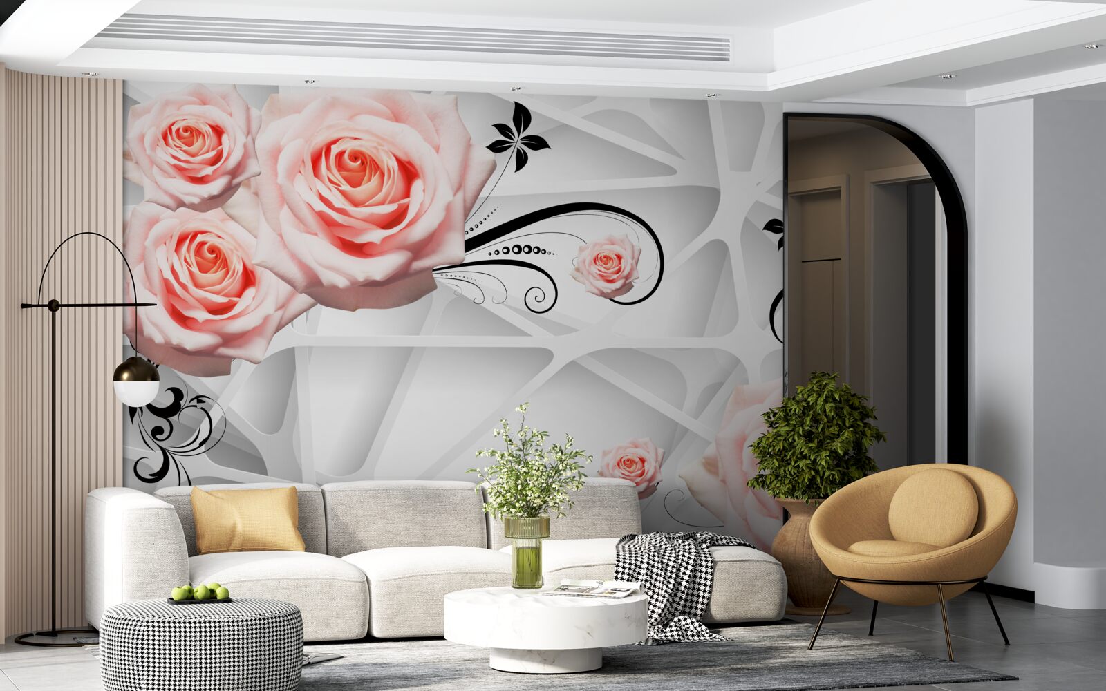 Carta da parati sfondo geometrico decorato con rami di rose color pesca