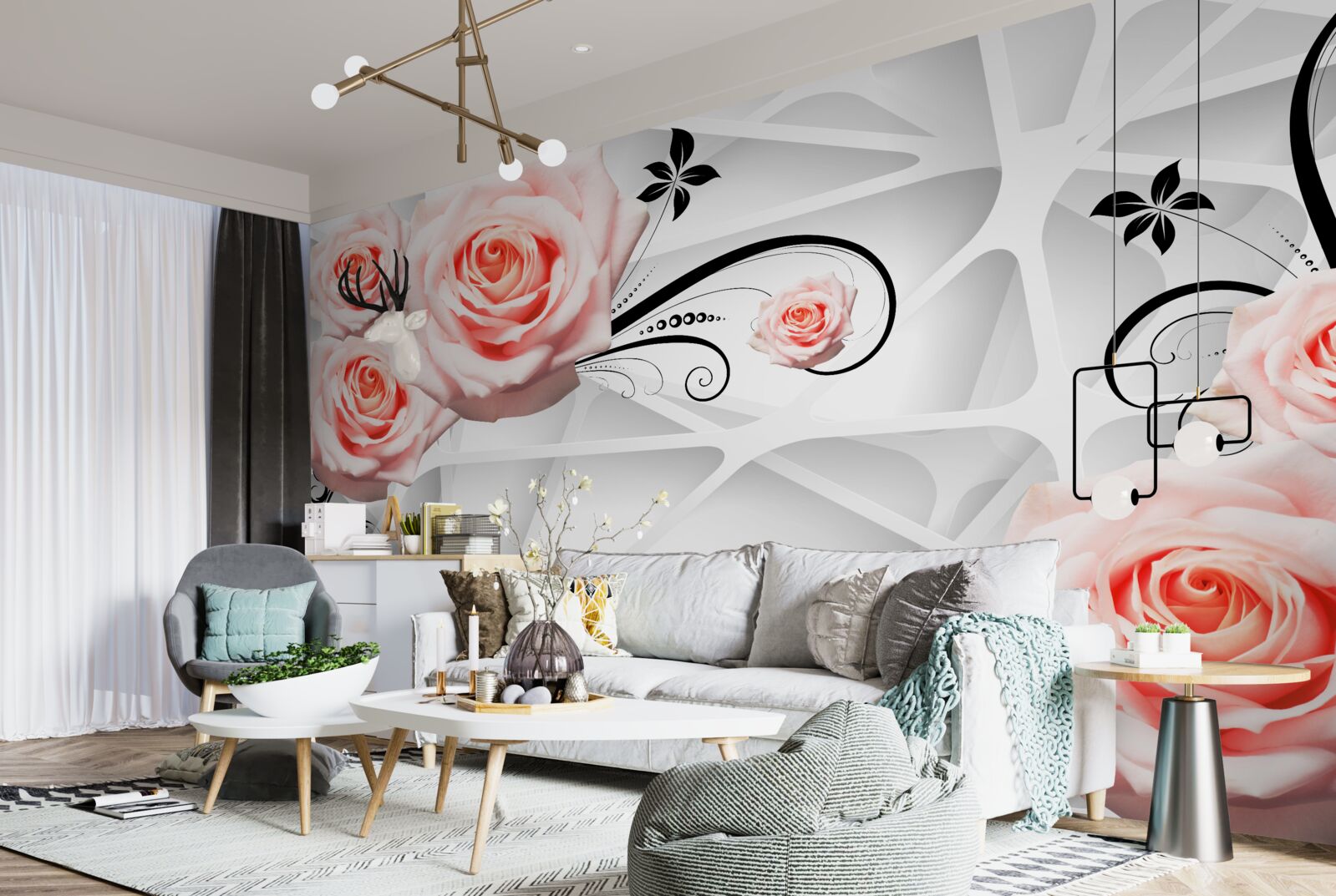 Carta da parati sfondo geometrico decorato con rami di rose color pesca