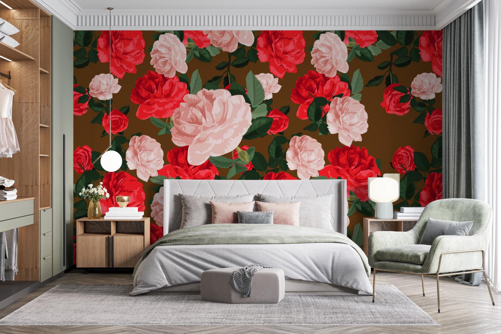 Carta da parati fiori di rosa rossi e rosa