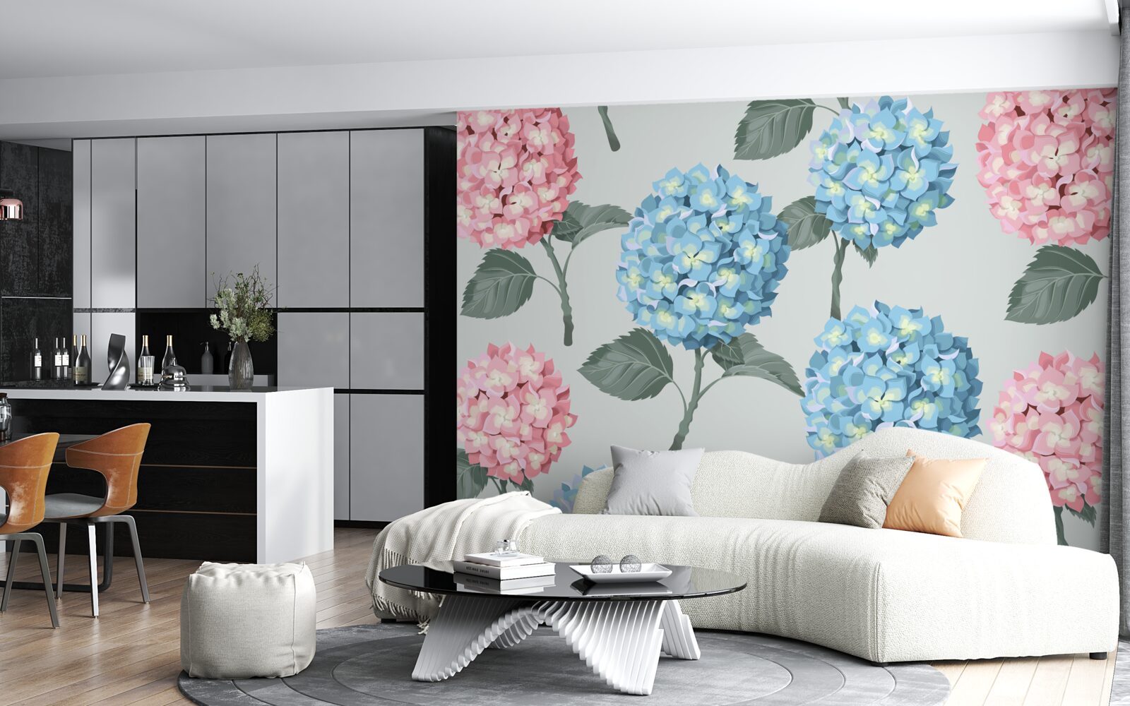 Carta da parati ortensie rosa e blu