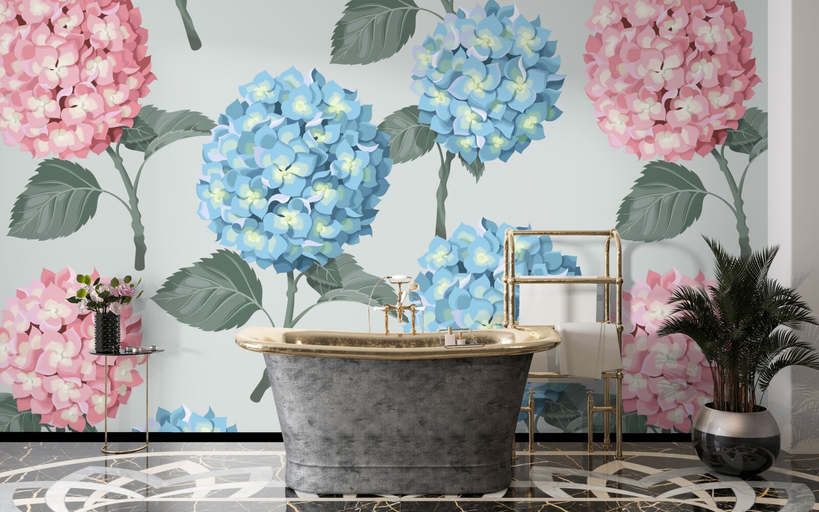 Carta da parati ortensie rosa e blu