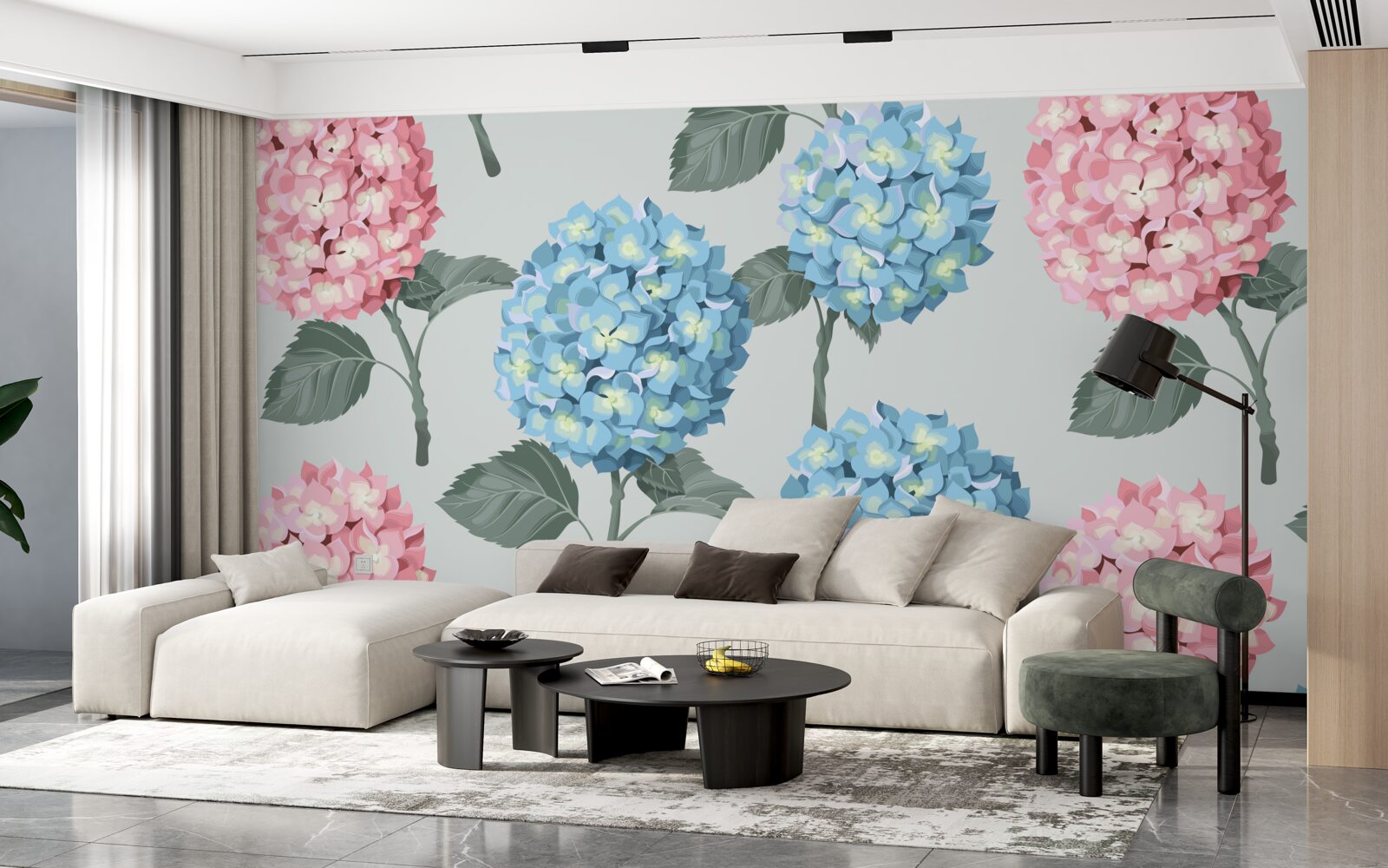 Carta da parati ortensie rosa e blu