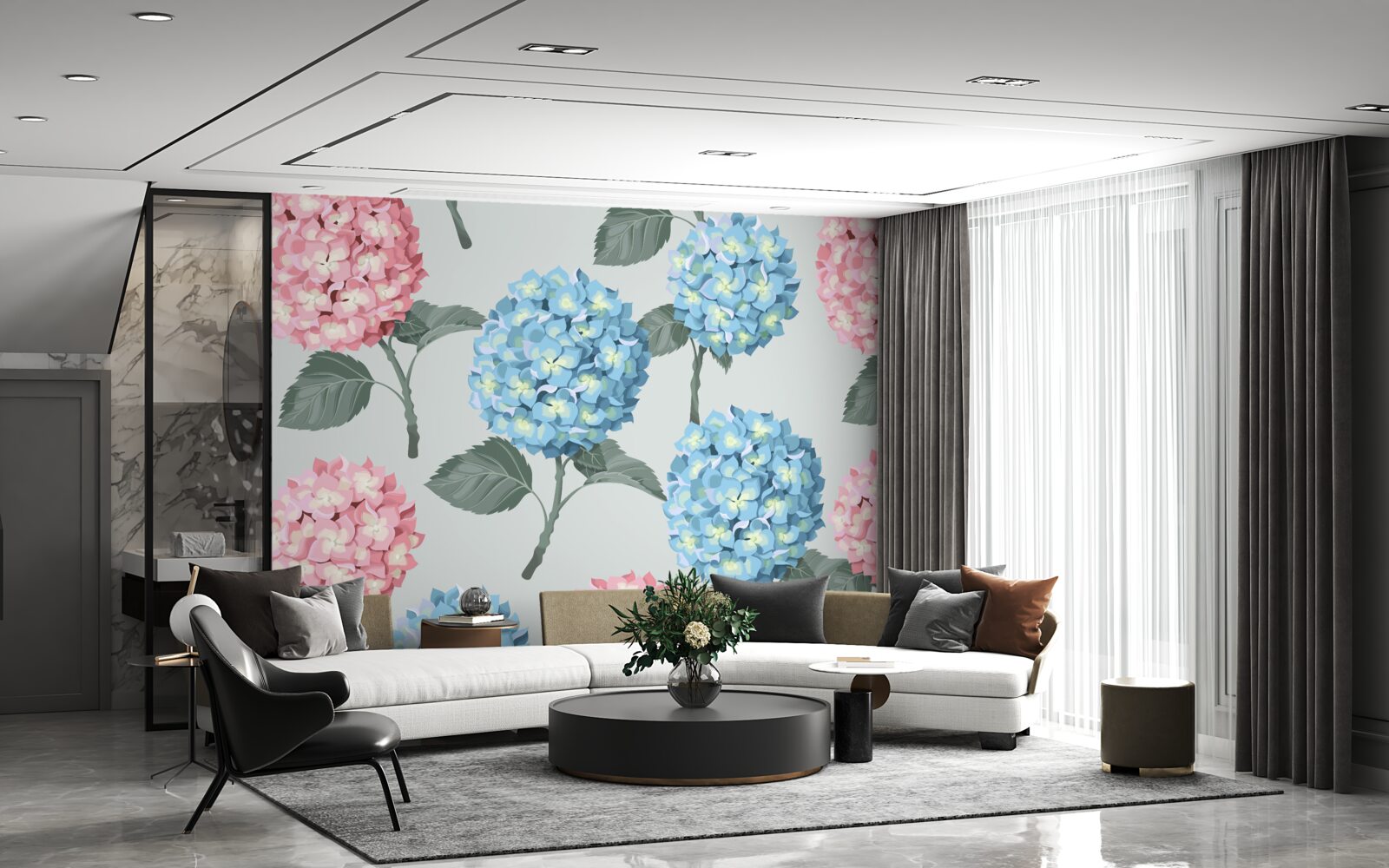 Carta da parati ortensie rosa e blu