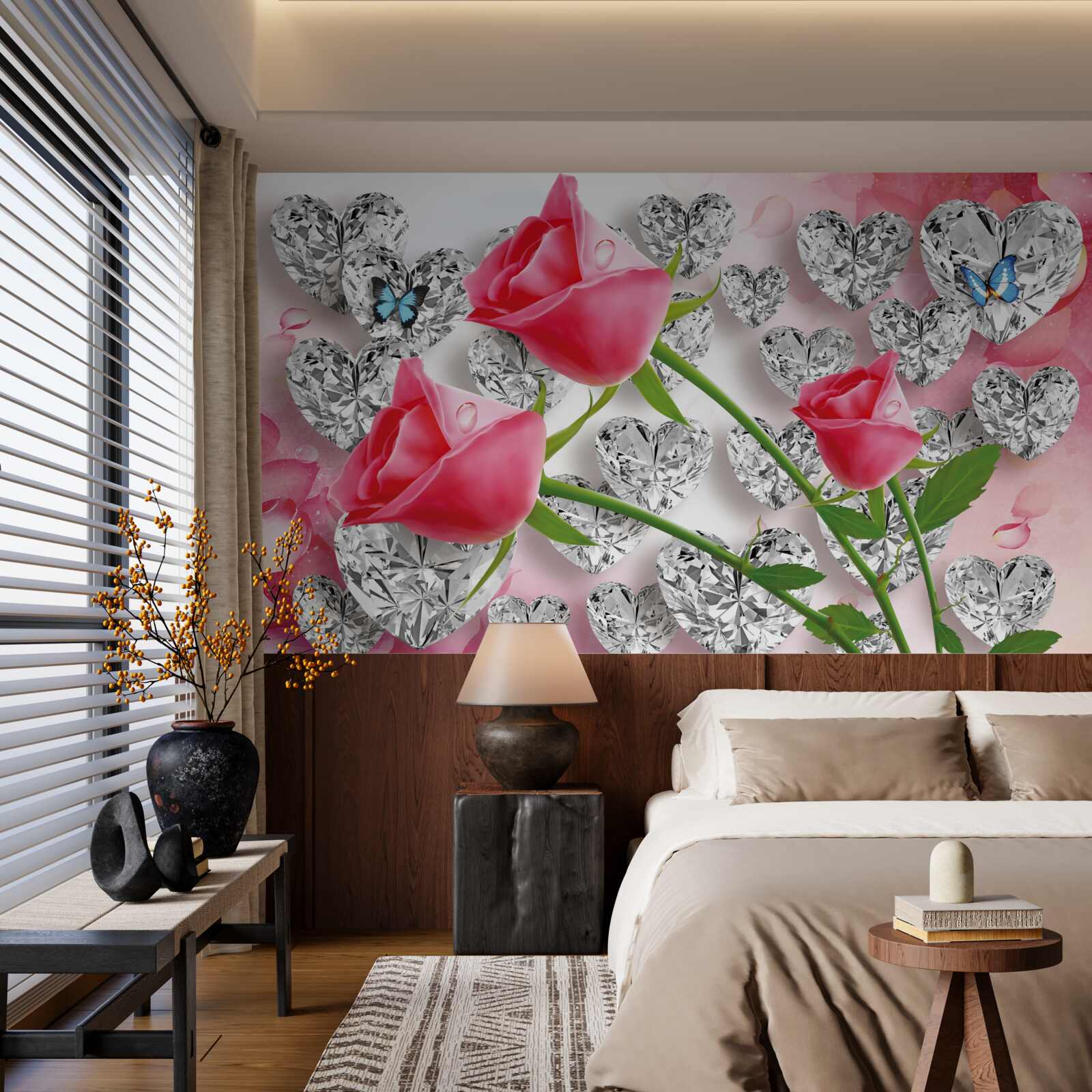 Carta da parati diamanti e rose rosse