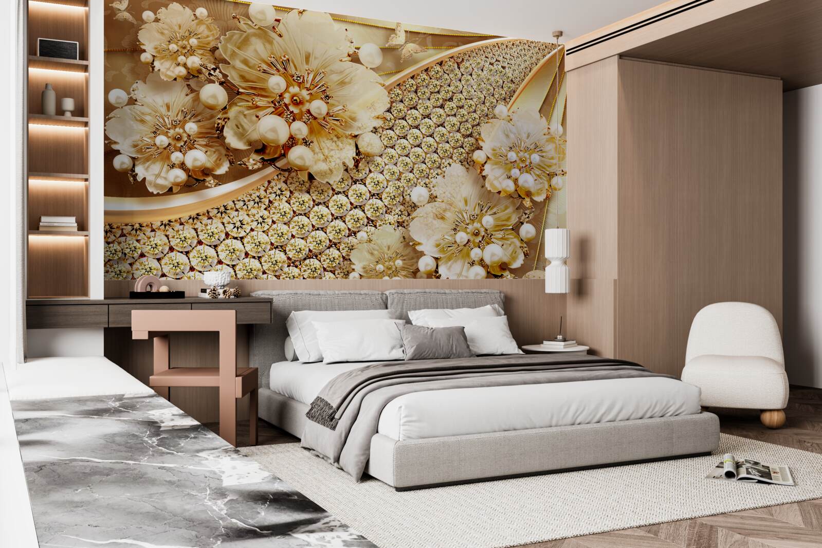 Carta da parati colori oro e perle dorate