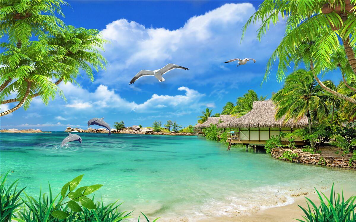 Carta da parati riva tropicale con acqua azzurra