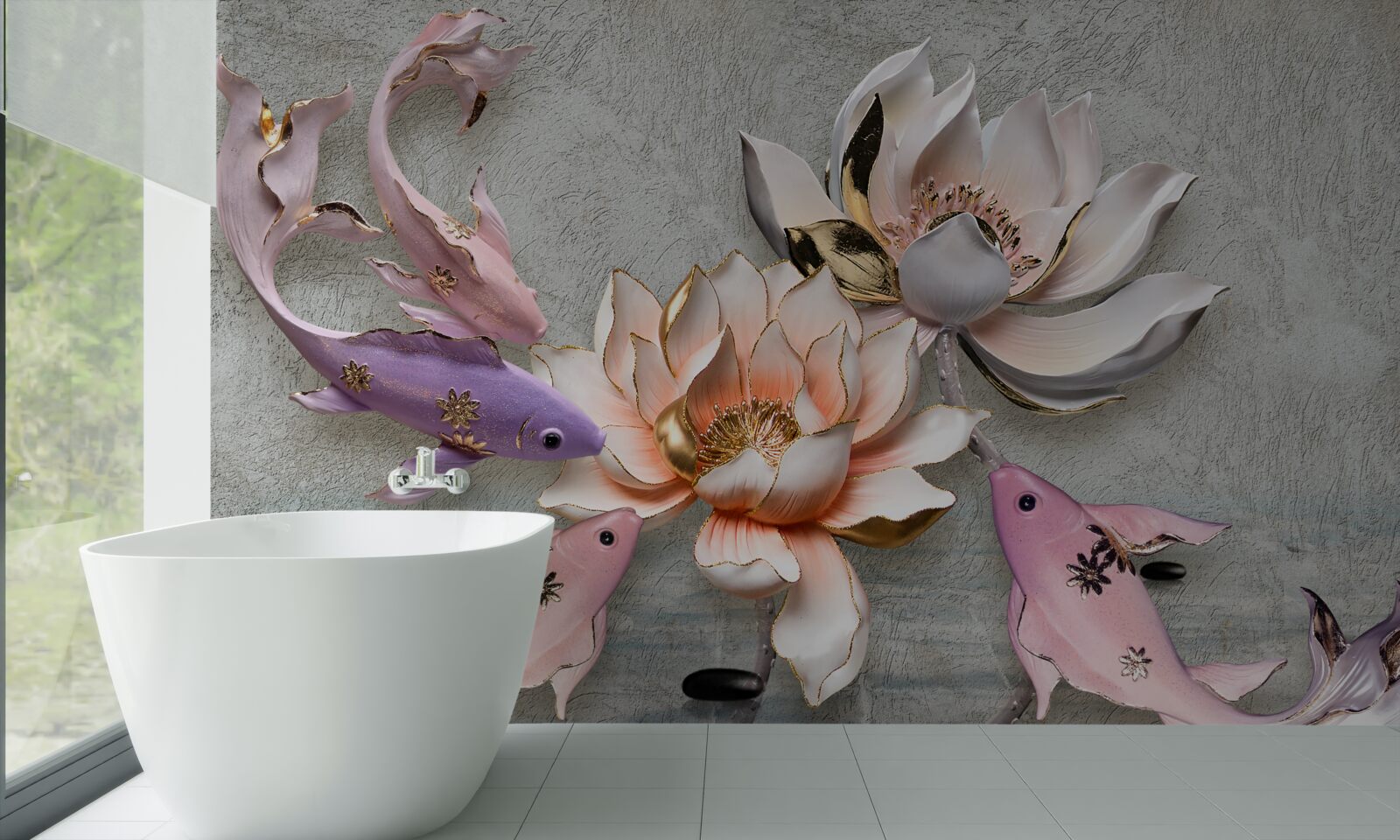 Carta da parati fiori vicino a un lago in cui nuotano i cigni