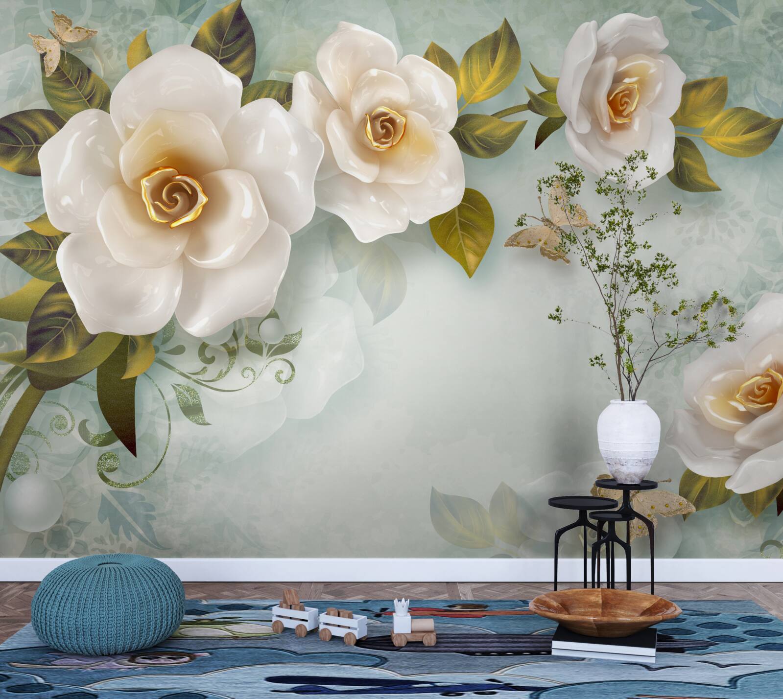 Carta da parati rose in lacca beige