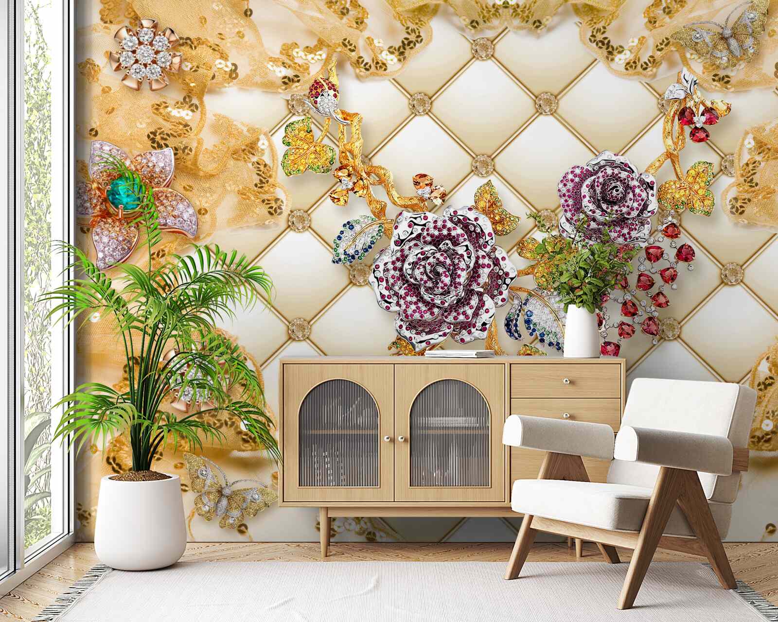 Carta da parati fiori d'autunno in oro e pietra