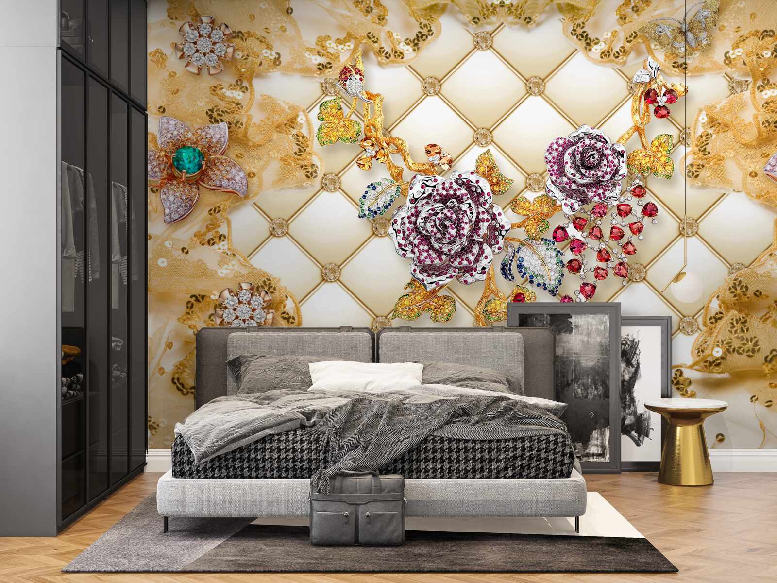 Carta da parati fiori d'autunno in oro e pietra