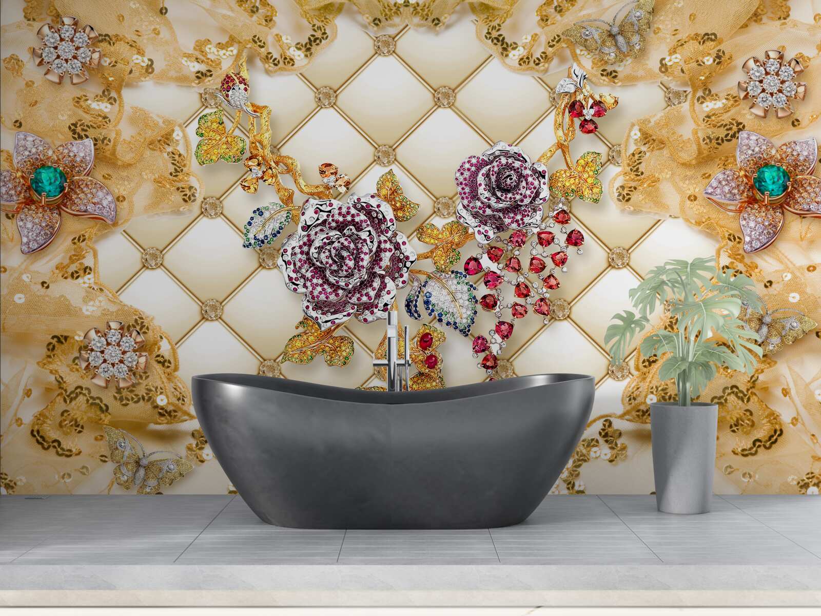 Carta da parati fiori d'autunno in oro e pietra