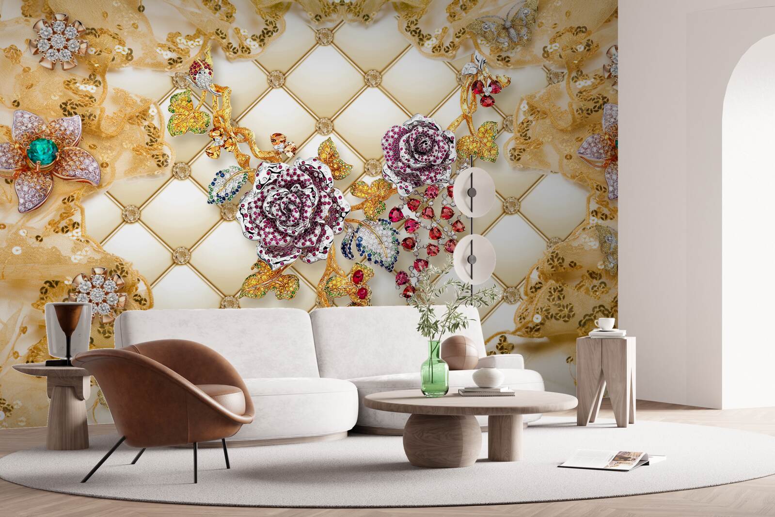 Carta da parati fiori d'autunno in oro e pietra