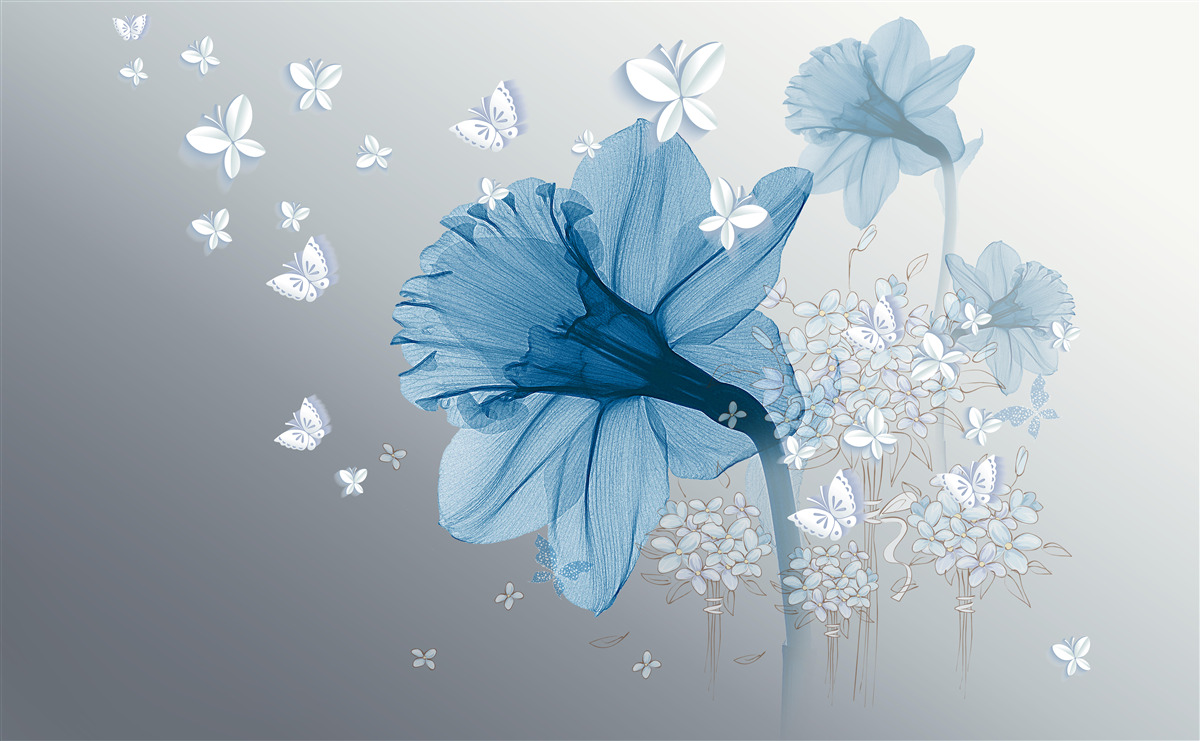 Carta da parati i fiori blu sono circondati da farfalle bianche