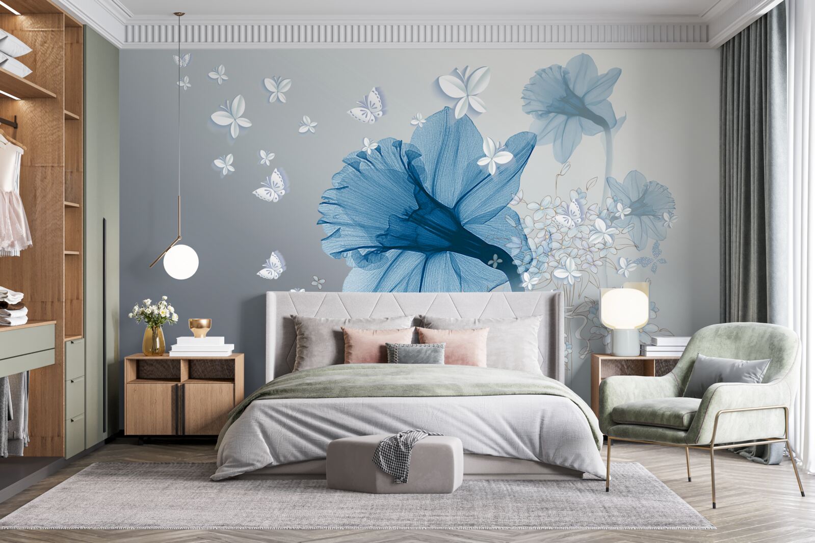 Carta da parati i fiori blu sono circondati da farfalle bianche